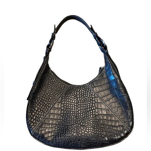 Harold’s Black Leather Alligator Print Shoulder Hobo Style Bag Zip Closure - Picture 1 of 9